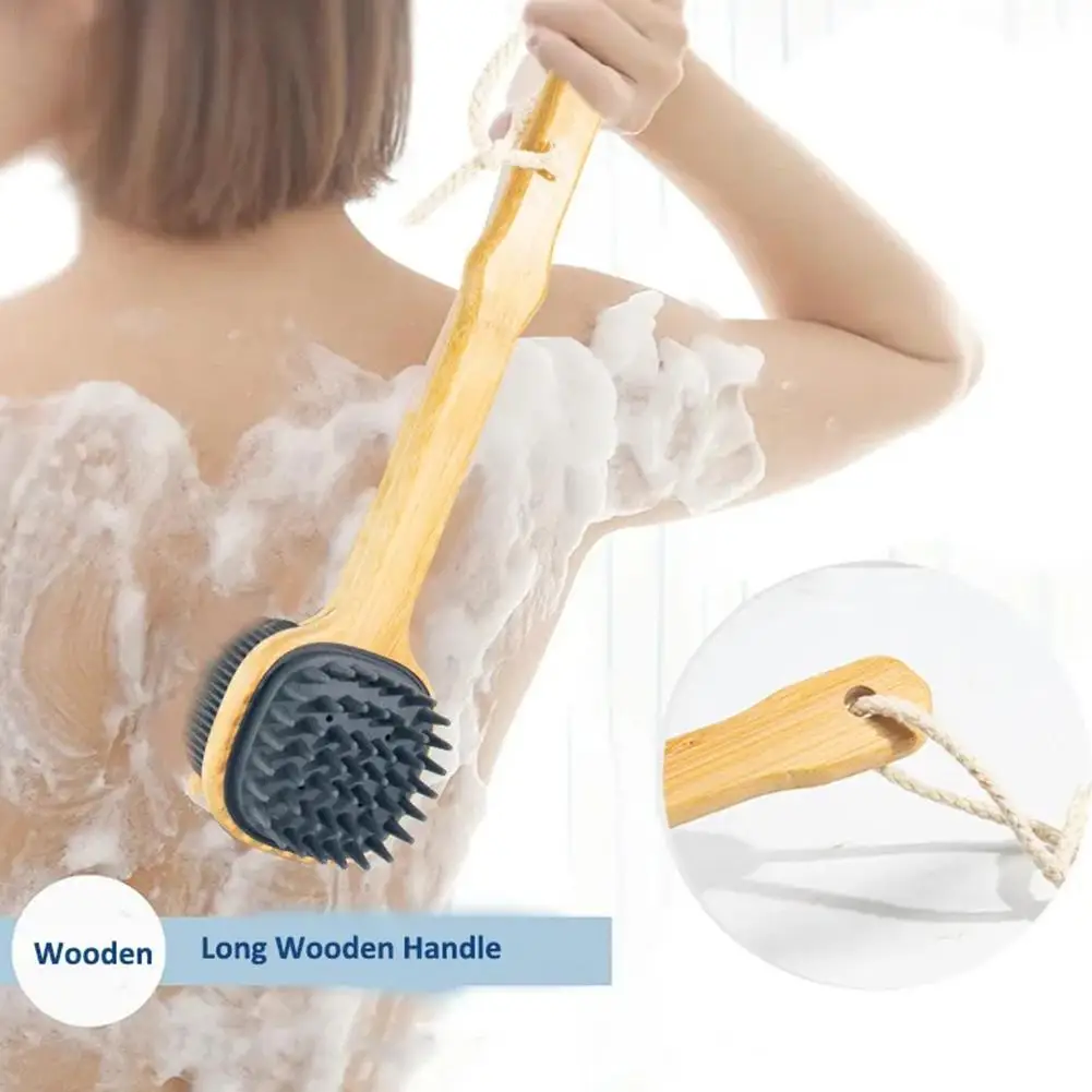 

Sdotter 1pc Silicone Brush Head Back Scrubber Shower Brush With Long Wooden Handle Dry Skin Exfoliating Body Massage Cleaning To