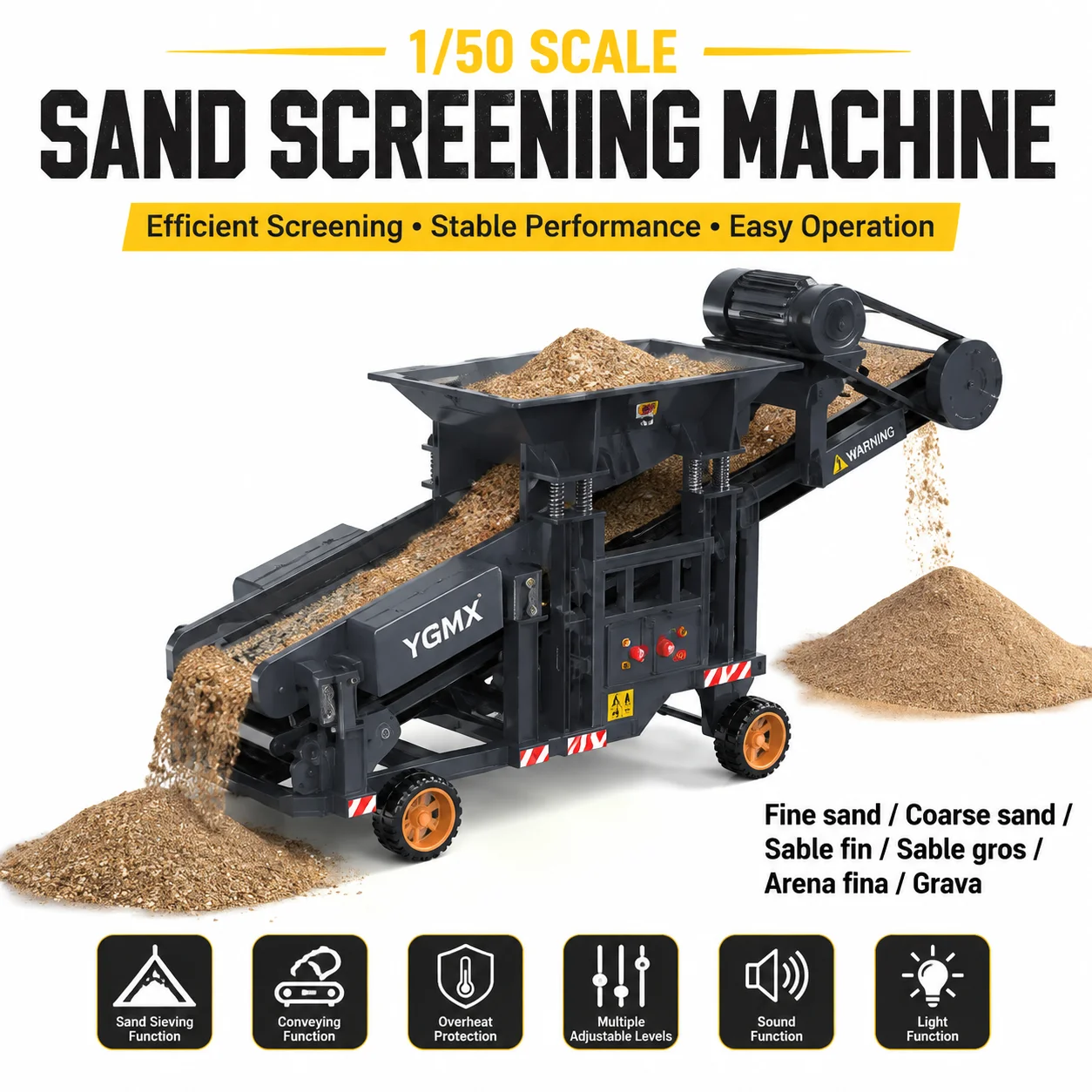 1/50 YG180 RC Sand Screening Machine Dual-Speed ​​Operation Lighting Sound Effects Vibration System Simulation RC Toy Car Model