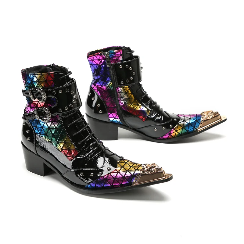 Men Ankle Boots Large Size Pointed Toe Patent Leather Lace Up Punk Gothic Rainbow Rivet Studded Rock Male Motorcycle Short Boots