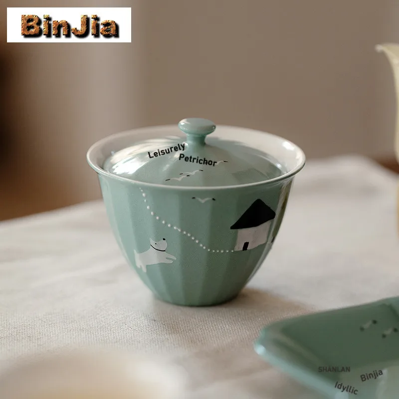 120ml Hand Painted Puppy Gaiwan Luxury Tea Tureen Tea Bowl With Lid Kit Tea Maker Cover Bowl Tea Items Supplies Ornaments Craft