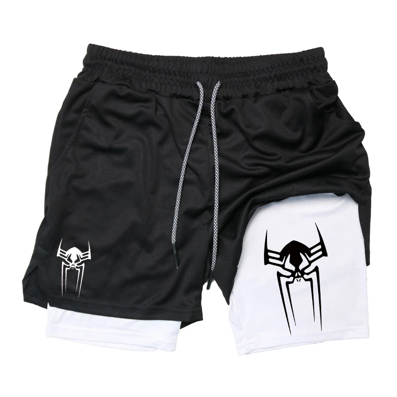 Spider Graphic 2 in 1 Compression Shorts for Men Gym Workout Running Performance Shorts with Phone Pocket Athletic Active Wear