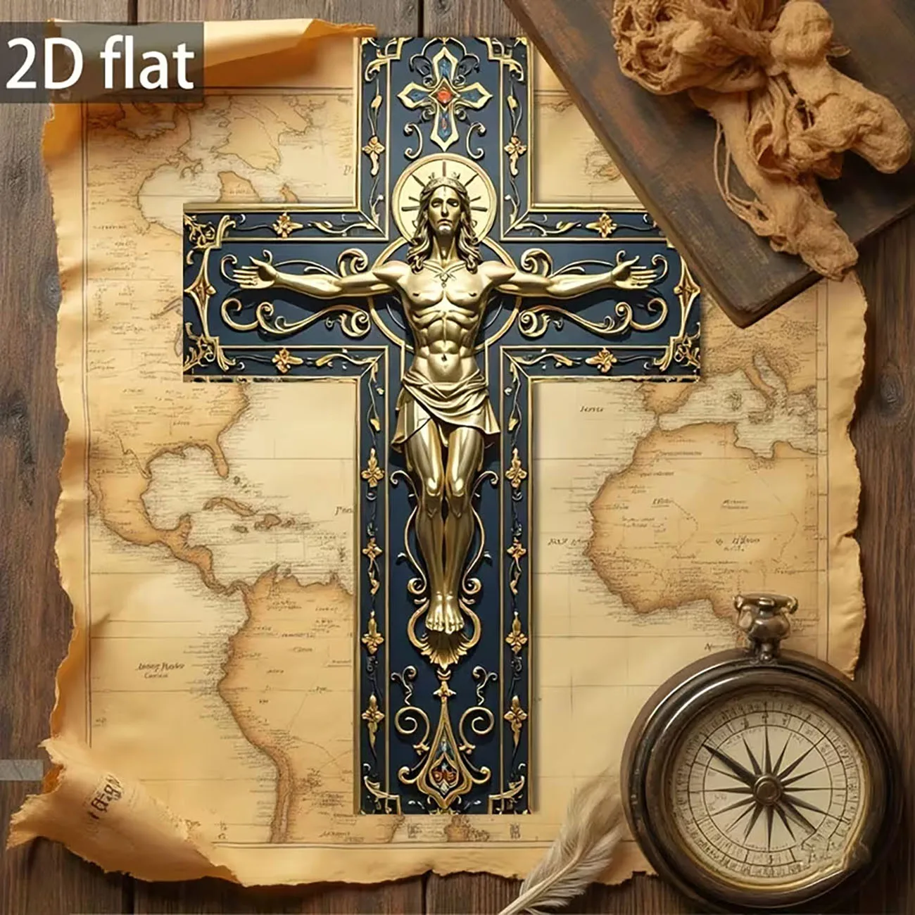 Wooden Blue Gold Jesus Crucifix Cross Wall Decor 2D Flat Print Religious Wall Art for Chapel Home Decoration
