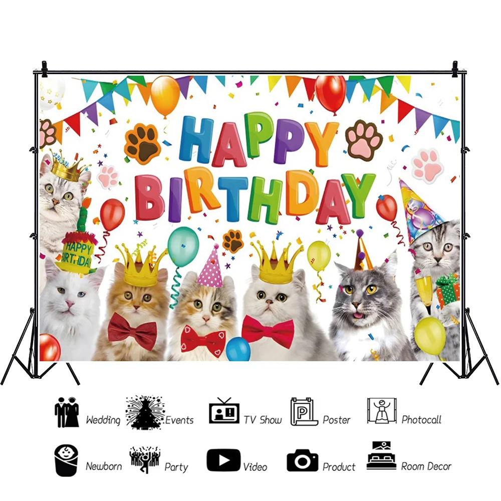 Dog Cat Theme Birthday Decorations Backdrop for Girls Cartoon Cute Pets Party Photo Background Photography Lets Pawty Banner