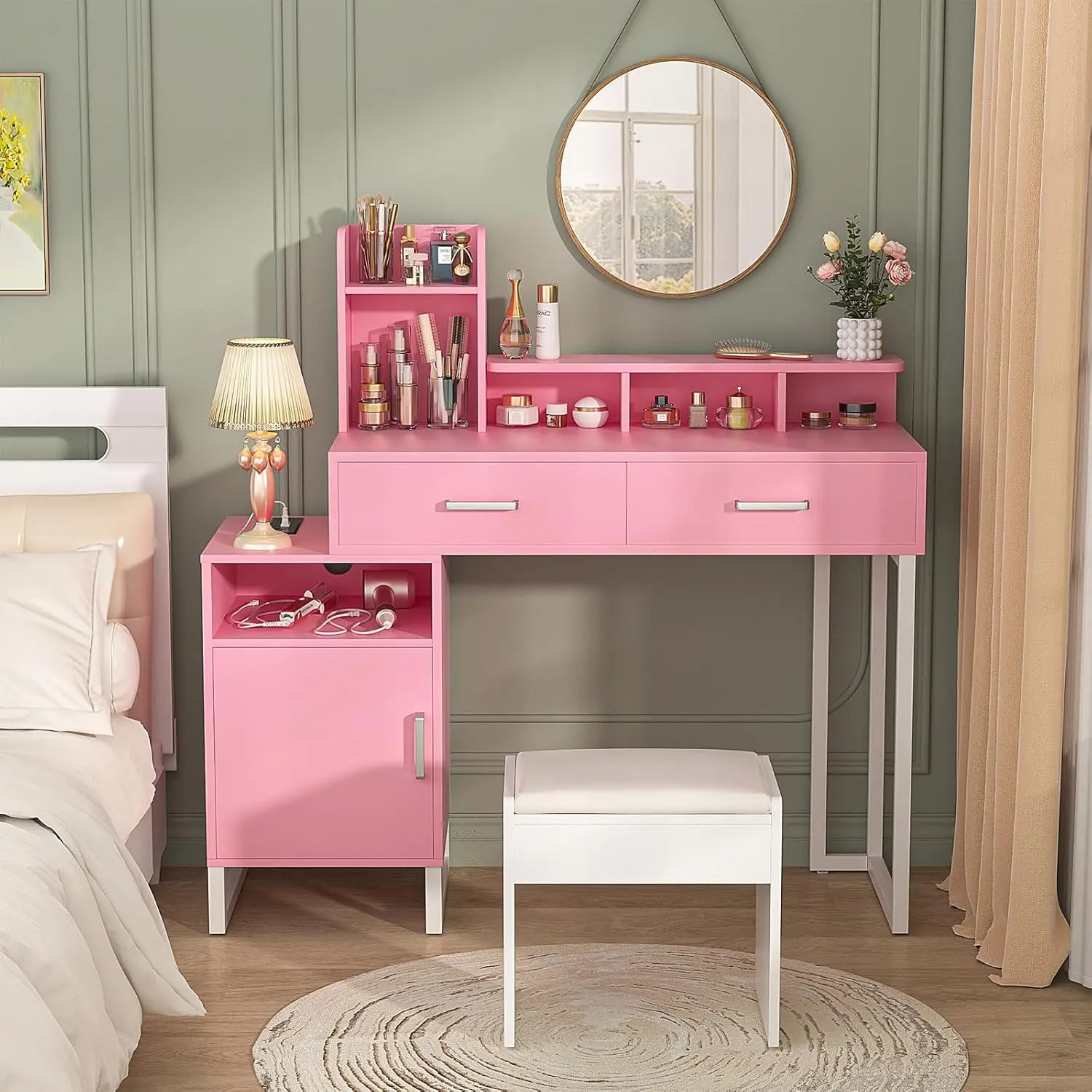 

Small Vanity Desk with Power Outlet, Makeup Desk with Drawers and Cabinets, Vanity Set with Storage Shelves for Bedroom