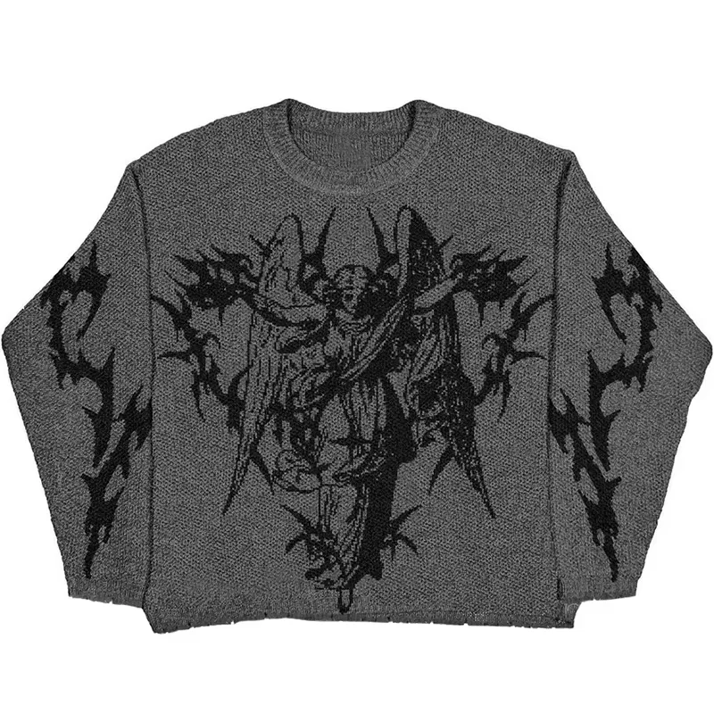 

100% Wool Wing Goddess Sweater Men Dark Y2k Streetwear Knitwear Gothic Vintage Harajuku Pullover Hallowmas Jumper Jersey Knit