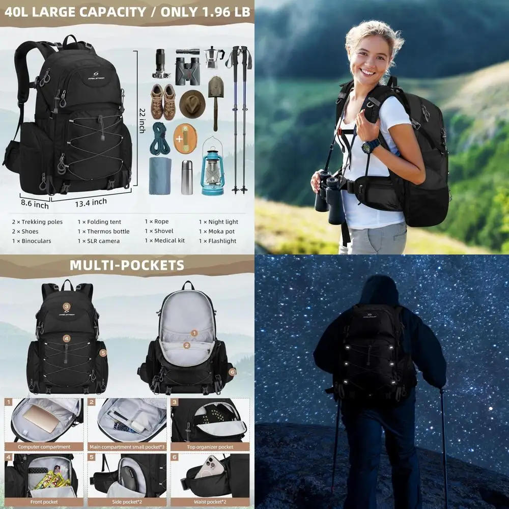 

40L Waterproof Hiking Backpack, Unisex Lightweight Daypack with Rain Cover - Black