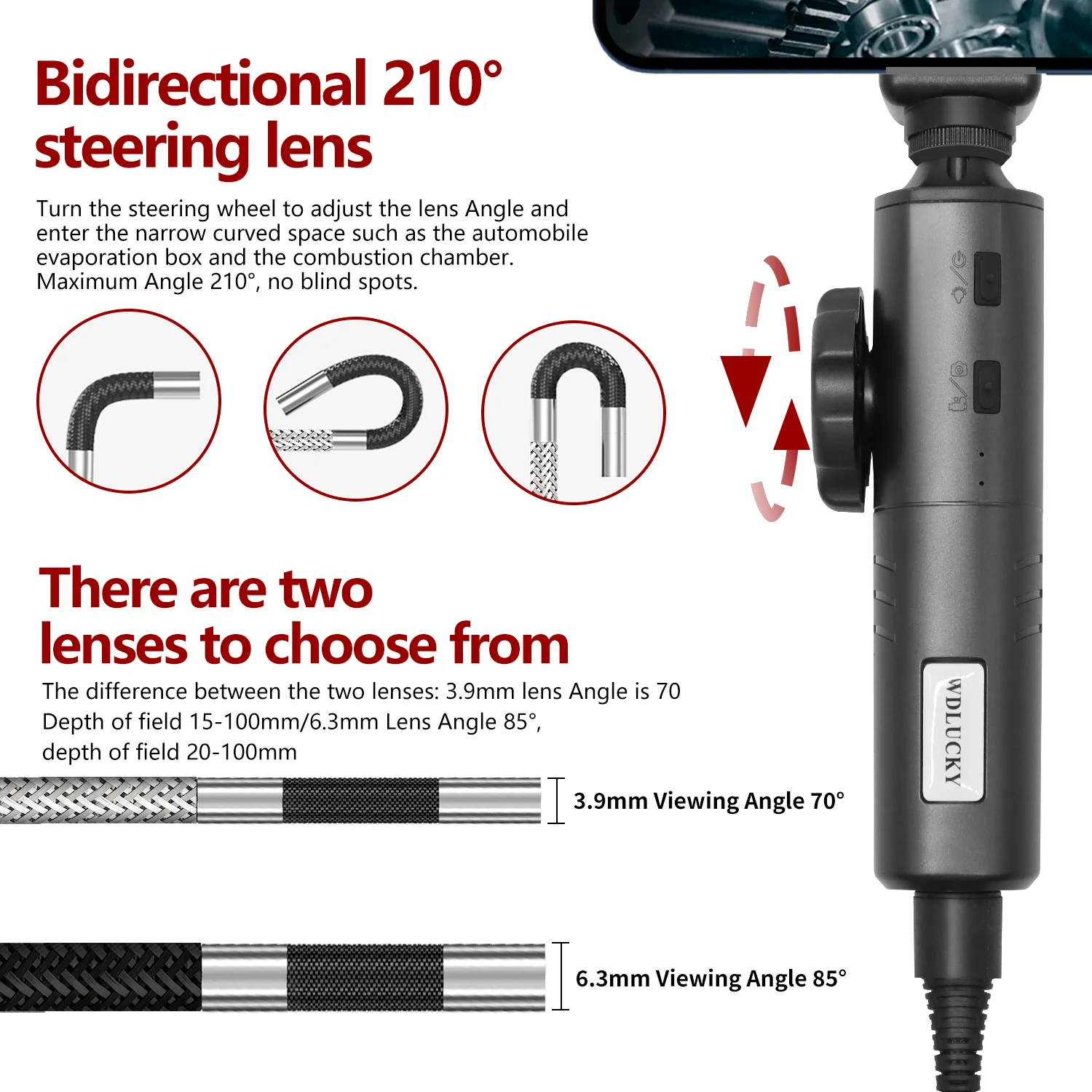 WDLUCKY 3.9mm 1M 360° Articulating Borescope Endoscope Camera waterproof IP67 with Light Endoscope with Android/iOS Phone