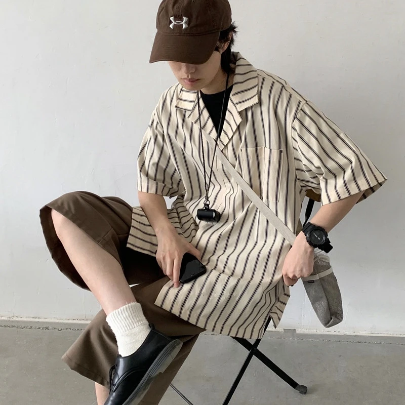 Shirts Men Summer Daily Streetwear Khaki Harajuku Half Sleeve Striped Casual Oversize Tops All-match Japanese Style Loose Trendy