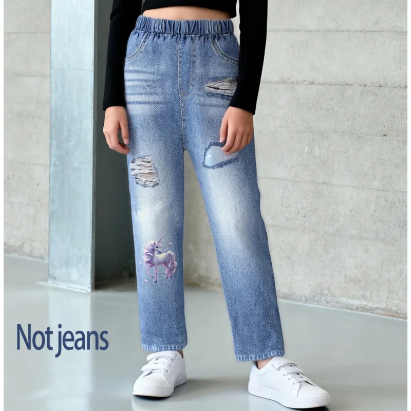 

2025 Daily Casual Street Style, Girls' Unicorn Printed Imitation Denim Trousers, Elastic Waist Imitation Ripped Trousers