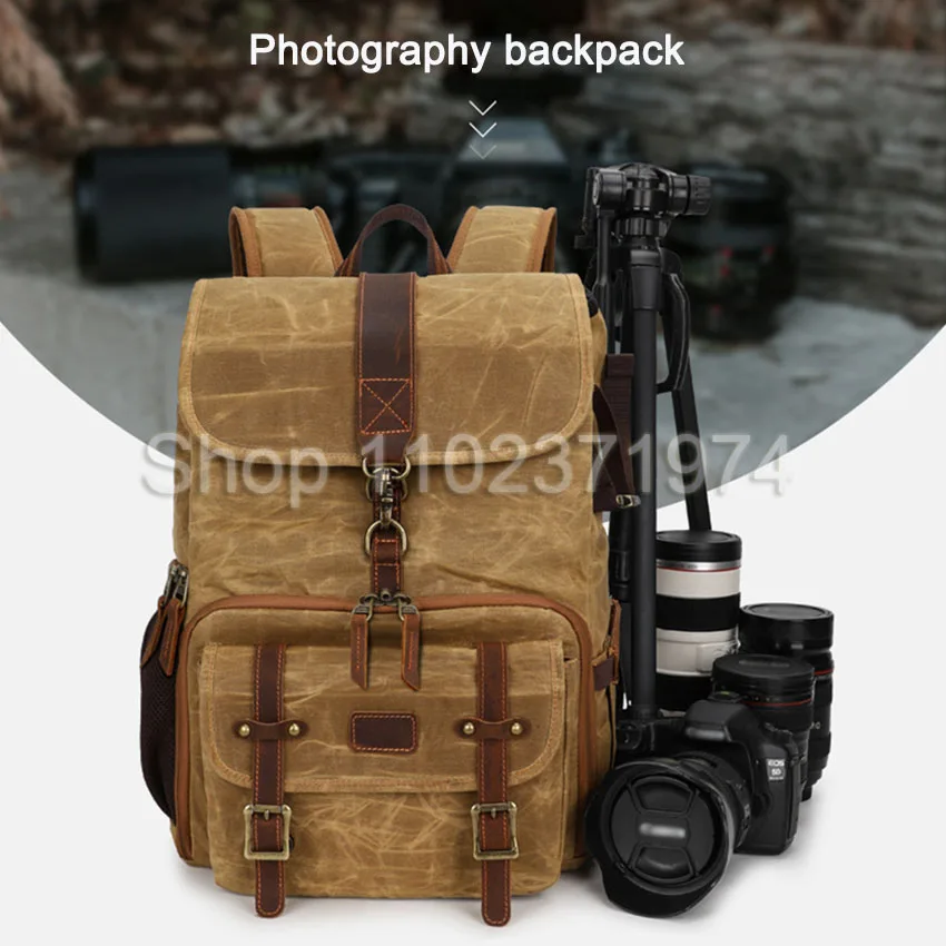 Large Capacity Vintage Camera Backpack Waxed Canvas Waterproof Photography Camera Bag Canvas Notebook Organizer Bag