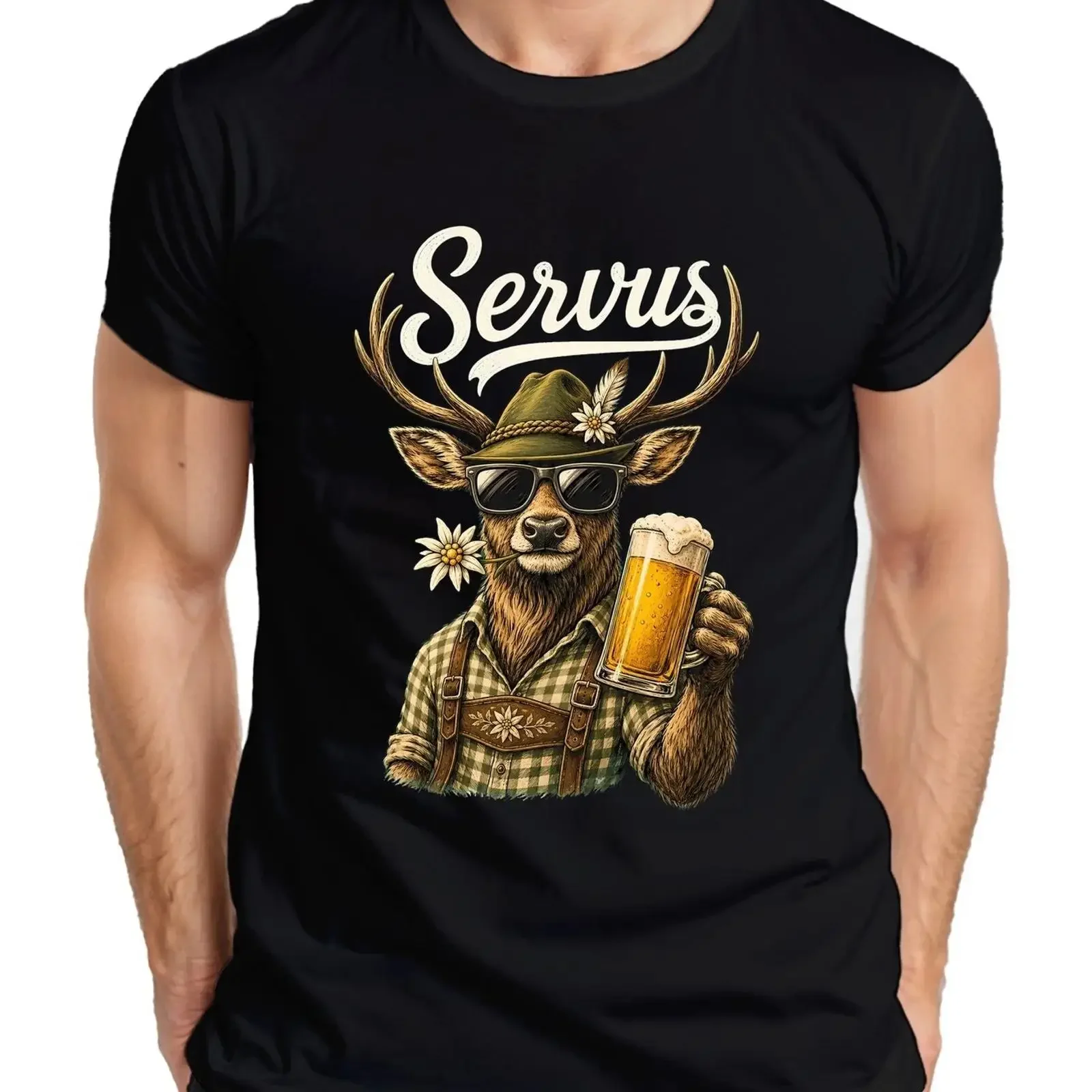 Servus Hirsch Bavaria Oktoberfest Beer Traditional Costume Lederhosen Dirndl Men's T Shirt Image 1 of 4 vintage Washed