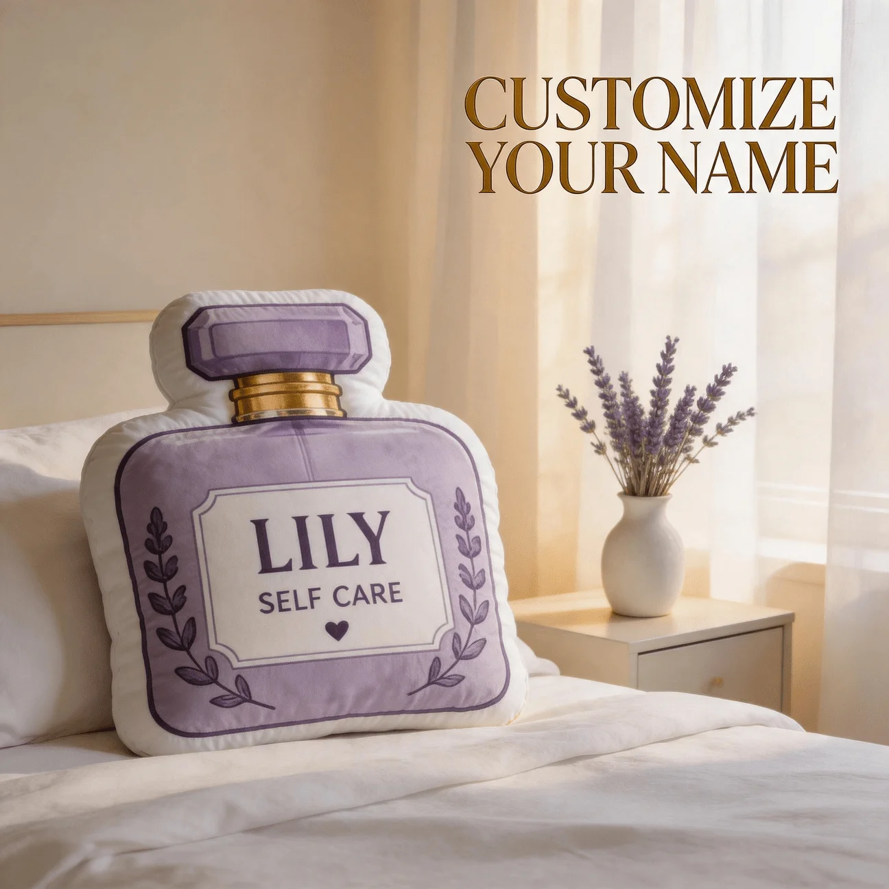 Personalized Name Perfume Bottle Shaped Cushion Purple Decorative Pillow Multiple Sizes Sofa Bedroom Gifts for Adults Loved Ones