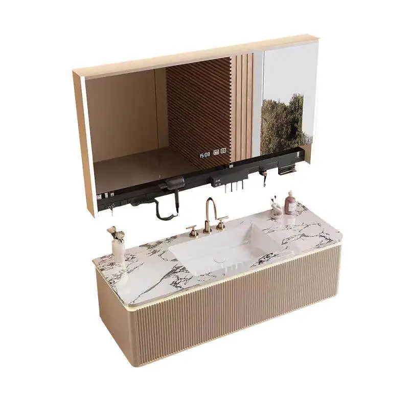 Oak Washbasin Basin Cabinet, Separate Bathroom Cabinet, Combined Bathroom Mirror, Cream Wind Light Luxury Rock Slab