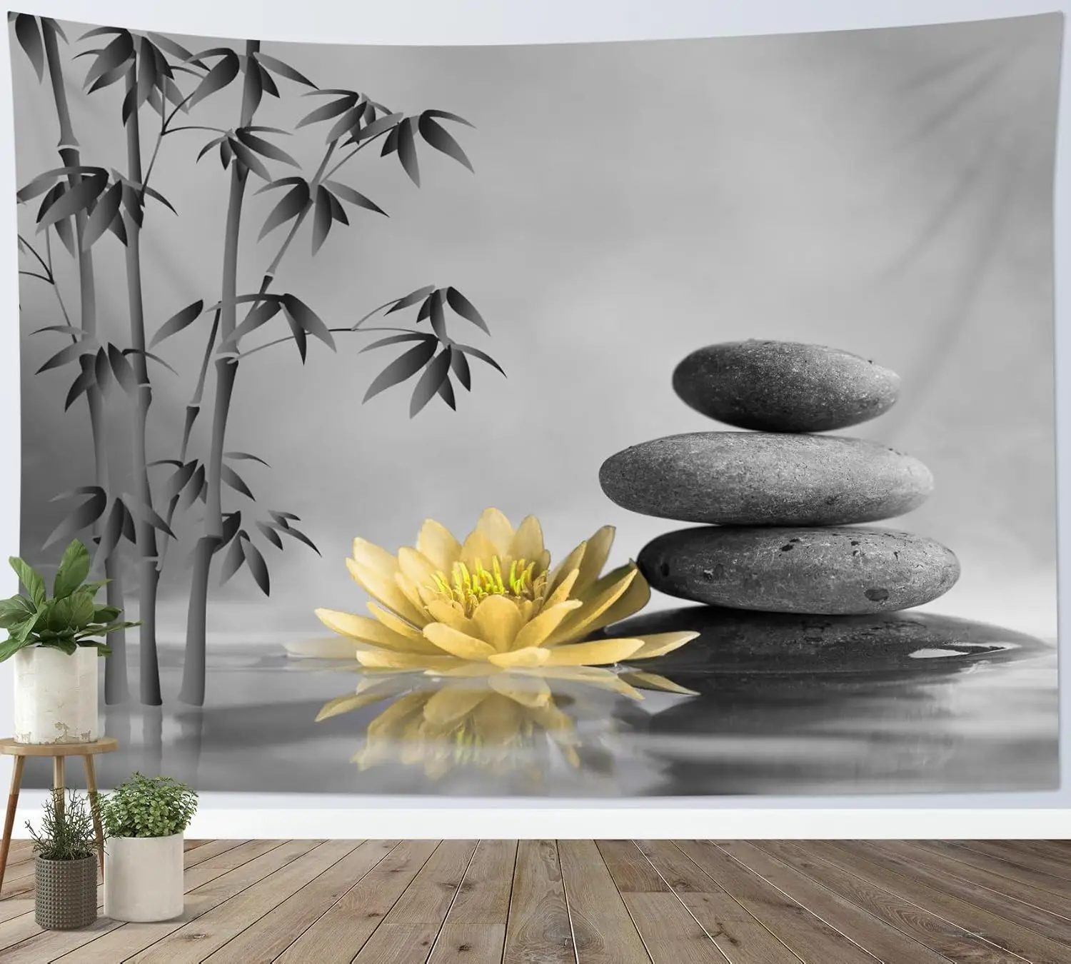 Zen Yellow Flower Tapestry Wall Hanging Water Lily Floral and Grey Bamboo Zen Stone on Water Tapestry  Bedroom Modern Minimalist