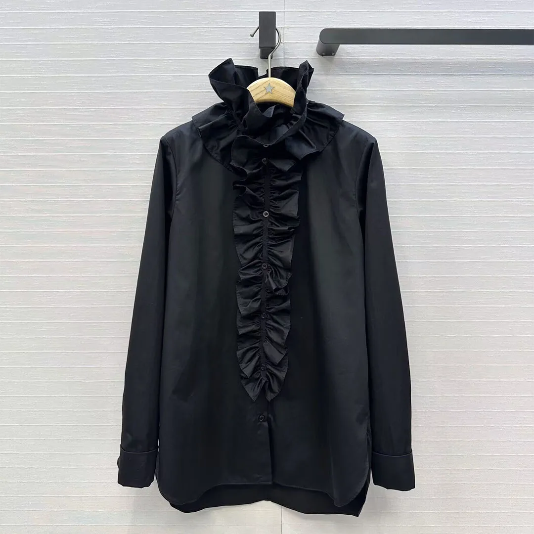 

2025 New Autumn Fashion Ruffles Patchwork Stand Collar Long Sleeve Shirt Women Sweet Vintage Loose All-matched Blouse