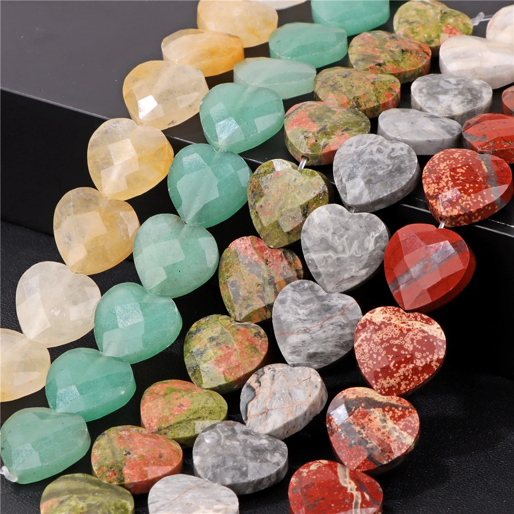 Natural Unakite Pendant Beads Flat Love Heart Faceted Stone Bead Healing Reiki Beads for DIY Bracelet Necklace Earrings 15*15mm