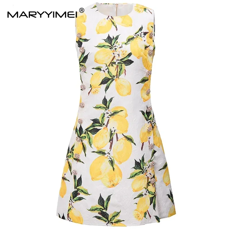 MARYYIMEI Fashion Design Summer Elegant Jacquard Short Dress Women's Sleeveless Gorgeous Beading Lemon Print Vintage Mini Dress