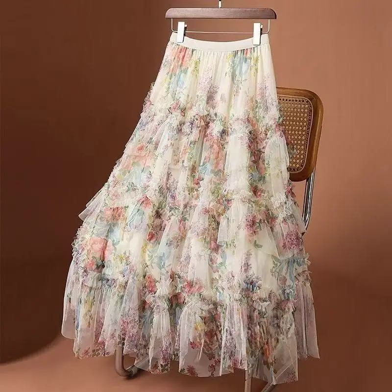 

Sweet Summer Print Cake Skirt Fairy New All-match Tulle Maxi Skirt Women Clothing Y2k Kawaii Skirts Pink Black