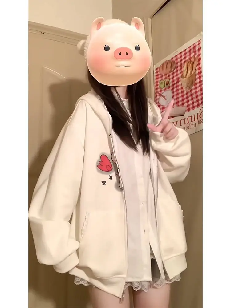 Felpa con cappuccio patchwork in pizzo giapponese Kawaii autunno donna Y2k giacca allentata vintage casual dolce cappotto anni 2000 2025 Chic