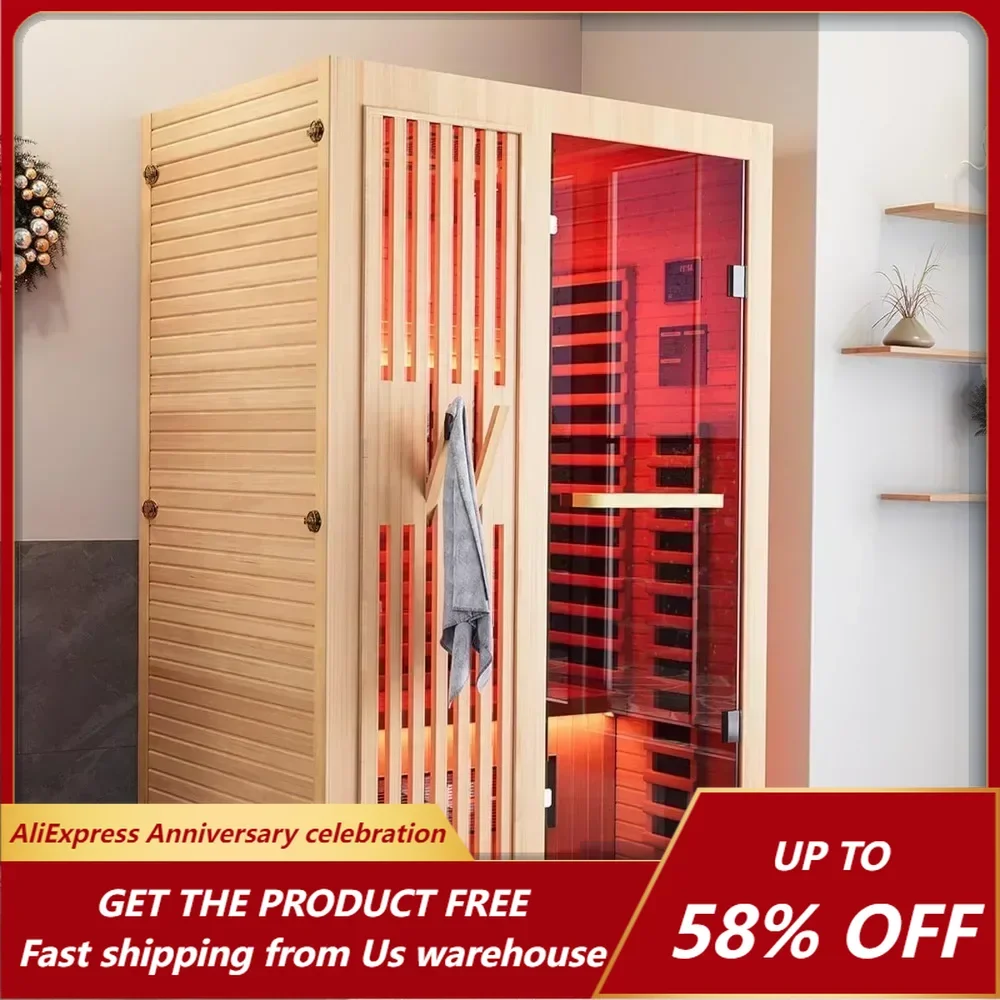 

Full Spectrum Sauna for Home, 1~2 Person Indoor Infrared Sauna Room with 10 Minutes Warm-up Heate, Wood Home Infrared Sauna