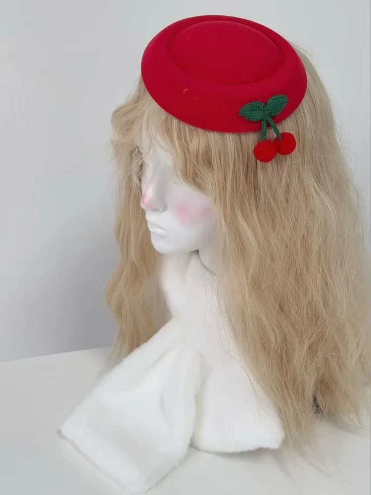 Retro Elegant Small Red Hat With Cherry Hair Clip Lady Party Hair Clip Lolita Subculture Janpanese Style Hairpin for Girl