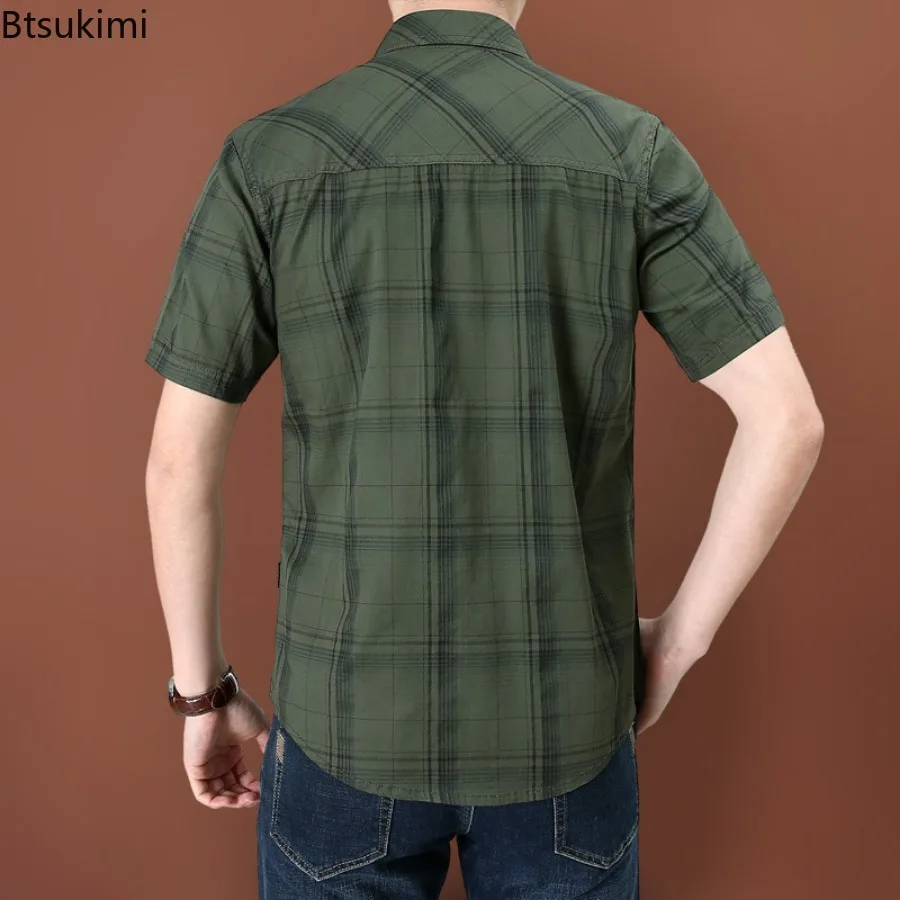 2023 männer Baumwolle Kurzarm Shirt Sommer Revers Plaid Business Casual Shirts Lose Atmungsaktive Arbeit Tragen Männer Outdoor Sport Tops