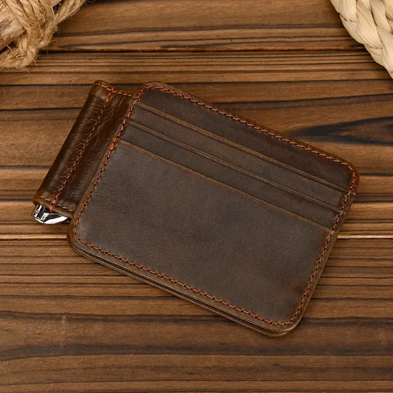 European and American Dollar Clip Genuine Leather Retro First Layer Cowhide Men's Wallet with Multiple Card Slots for Men