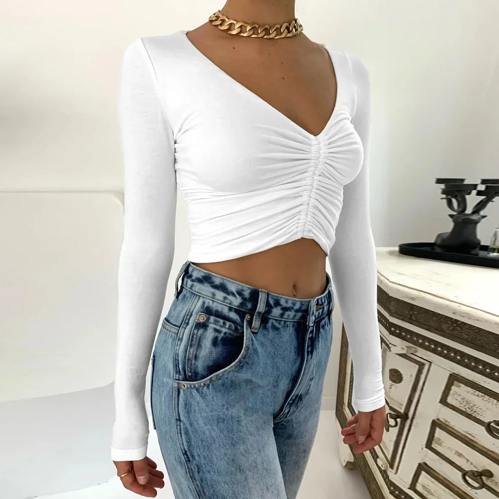 2025 Autumn And Winter Long-sleeved V-neck Women's Clothing, Sexy Navel Drawstring Crop Top TShirts T-Shirt Plus Size 3XL 2XL