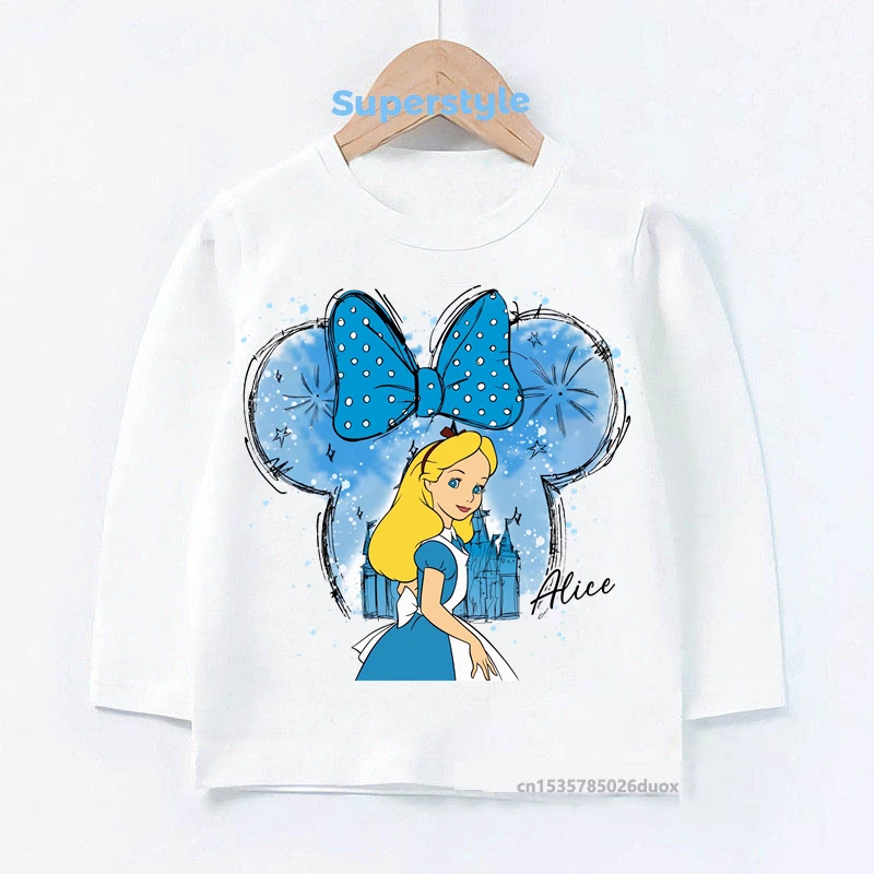 Magical Disney Castle Watercolor Princess Matching Girl Long Sleeve Shirt Moana Belle Ariel Cinderella Aurora Kawaii Girls Tops