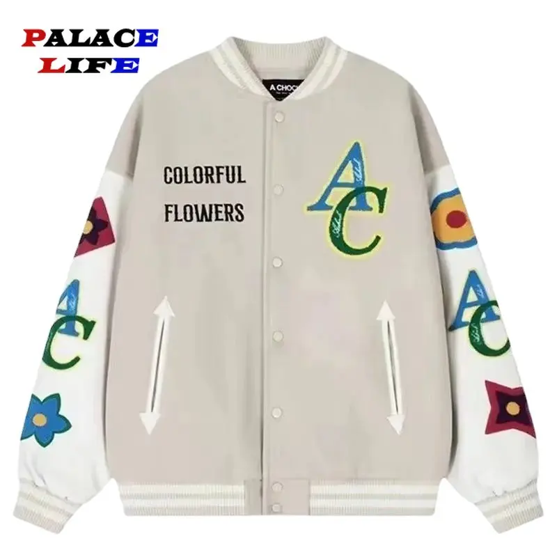 

Bomber Jacket Men Color-blocking Flower Embroidered Flocking Varsity Jackets Outerwear Oversized Casual Windbreaker Coats Unisex