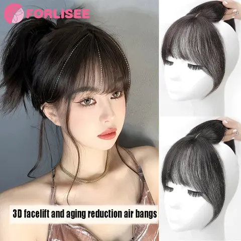 FORLISEE 합성 가짜 앞머리, 3D 프렌치 에어 앞머리, 자연스러운 이마, 보이지 않는 시뮬레이션 헤어 앞머리, 가발 조각
