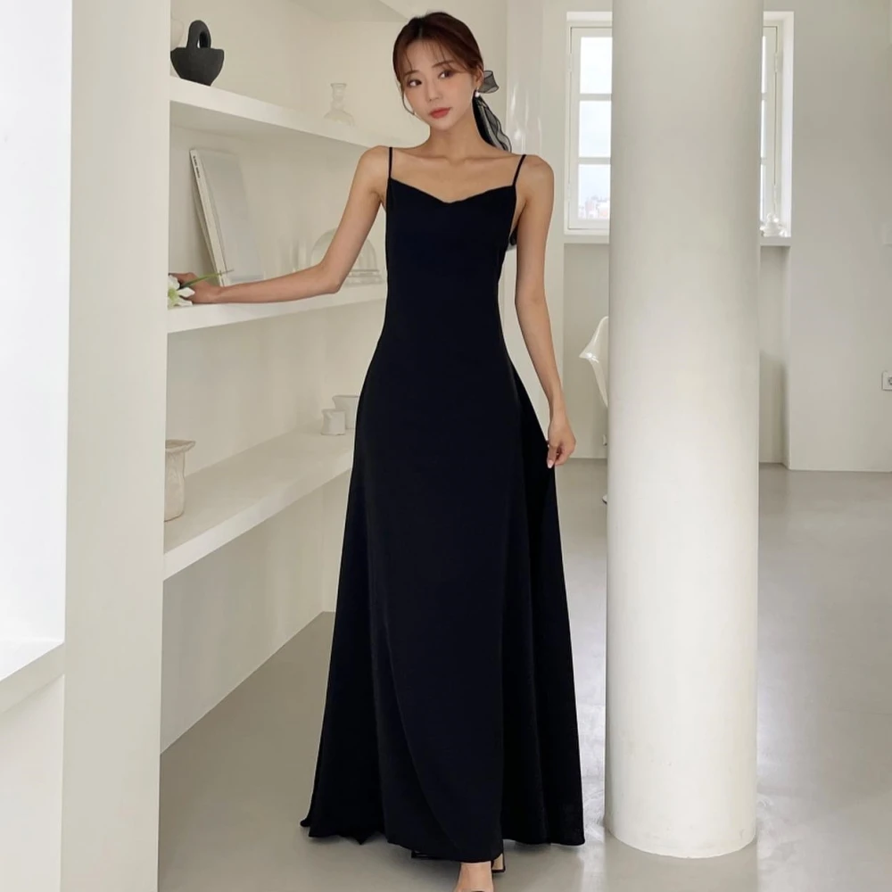 SONDR Spaghetti Straps Korea Evening Dress Custom Made Outdoor Black Wedding Formal Prom Dress Floor Length Evening Gown Bridal