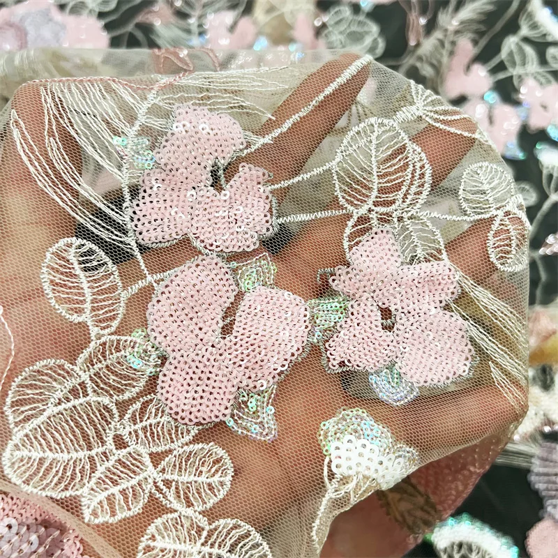 

1-ярдовая кружевная ткань с 3D цветочной вышивкой бисером, шитье свадебных платьев, вечерних платьев, модная ткань Cheongsam для DIY