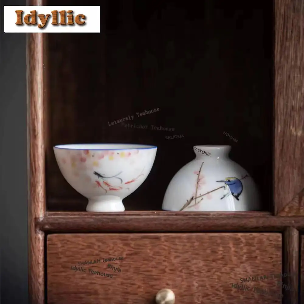 1Pc Chinese Ceramic Teacup Master Handmade Tea Bowl Hand-painted Lotus Fish Porcelain Cup Household Set Travel Supplies 50ml