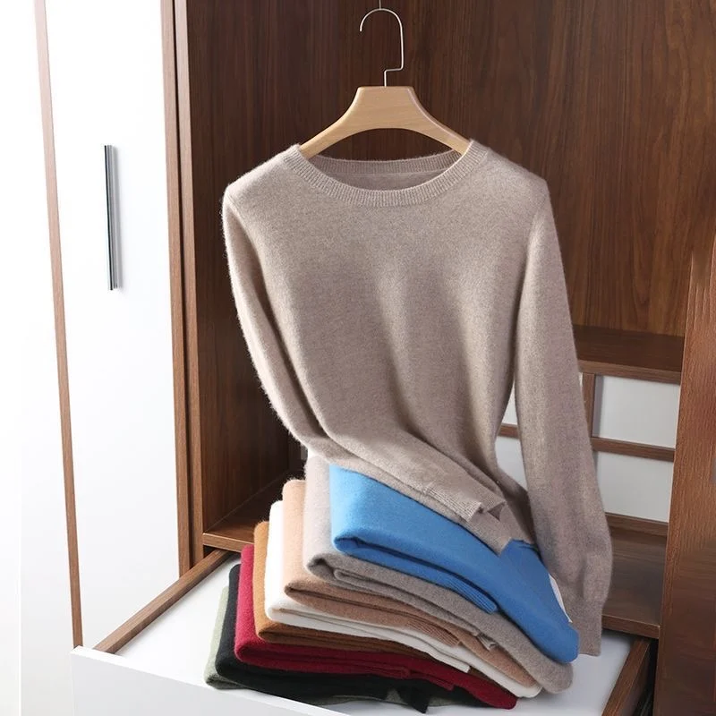 Women Slim O-Neck Pullover Cashmere Wool Blending Sweater Autumn And Winter Long-Sleeved Knit Bottoming Shirt Large Size 2024