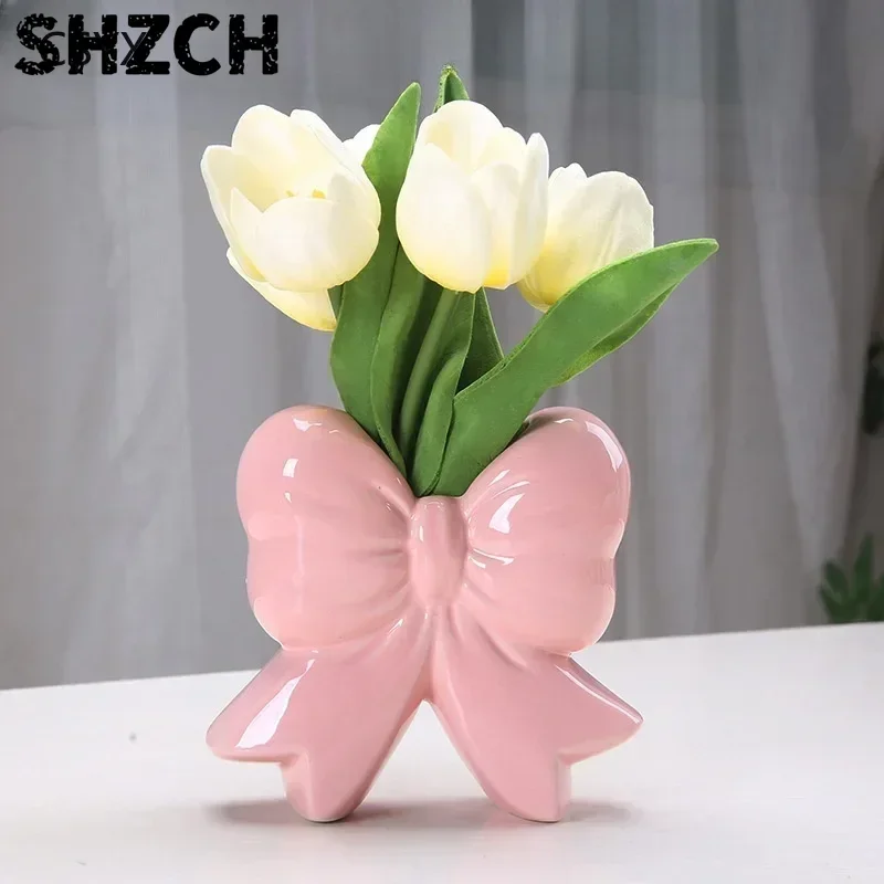 Bowknot Ceramic Vase Handmade Pottery Plant Flower Pot Floral Arrangement Display Crafts Office Decoration Home Accessories