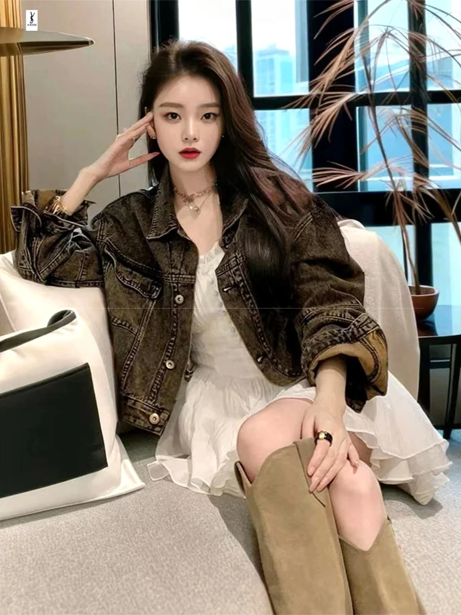 Momo Western Street Style Relaxed Fit Cotton Denim Jacket Bone Patchwork Re-Washed Vintage Break-In Position Top