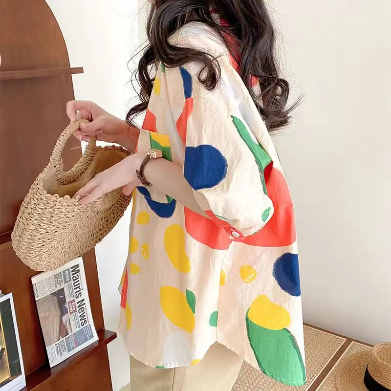 Kemeja dan Blus Cetak untuk Wanita, Atasan Bergaya Korea, Blus Longgar Berlengan Pendek, Pakaian Sastra, Baru, Musim Panas JJ1115