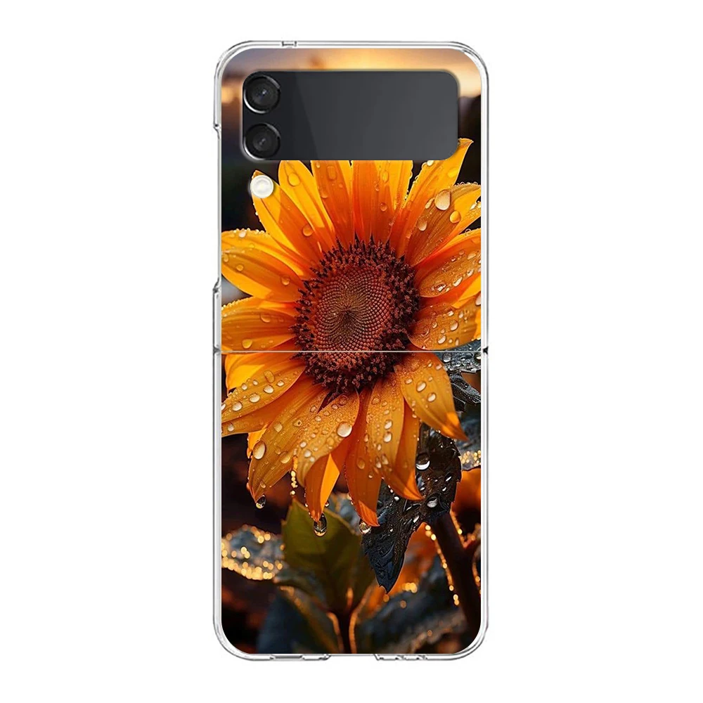 Phone Case For Samsung Galaxy Z Flip 3 4 5 Hard Folding Clear PC Bumper Beauty Flowers Leaves For Samsung Z Flip 6 Back Cover