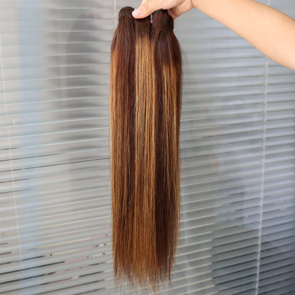 البيانو اللون 4/27 شقراء عذراء ريمي بالجملة حزم الشعر البشري لحمة مزدوجة تسليط الضوء على اللون البني موجة النسيج انخفاض الشحن