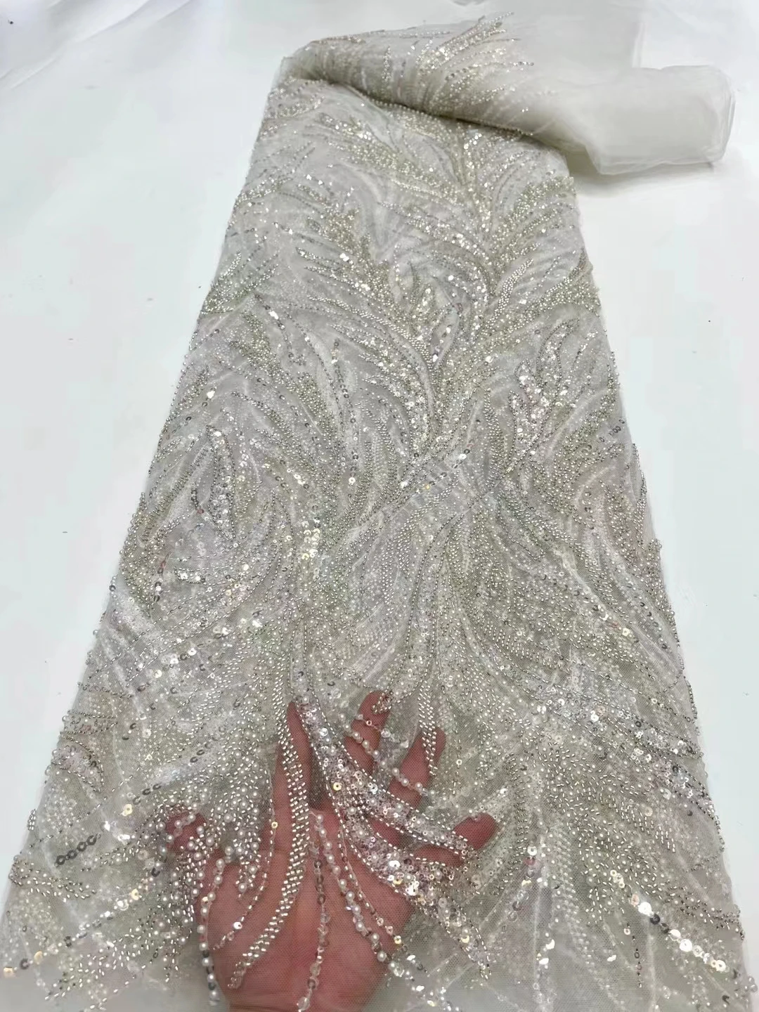 

New African lace fabric bridal wedding dress fabric, mesh beads sequins embroidered clothing sewing fabric