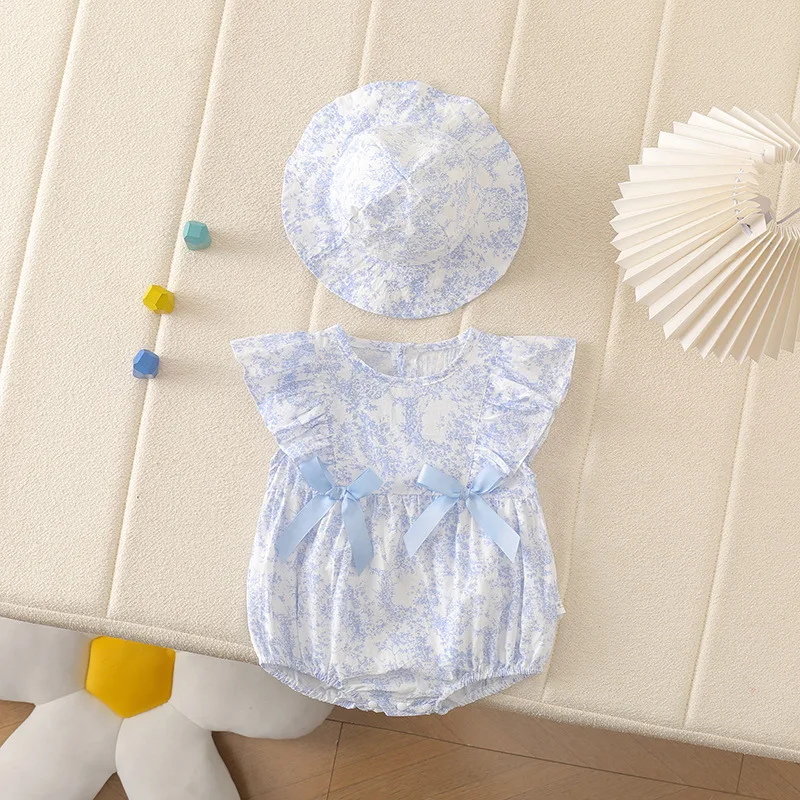 Conjuntos de Ropa para Recién Nacidos de 0 a 24 Meses, Mameluco + Gorro a Juego, Ropa de Verano para Bebés Niñas, 100% Algodón, Body Floral de Princesa con Doble Lazo