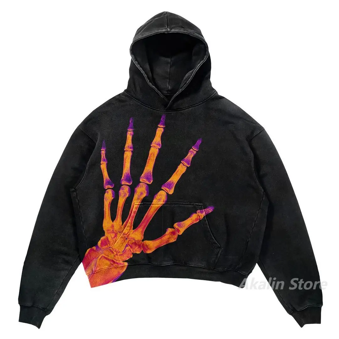 Sudaderas con capucha con estampado de mano de calavera de estilo americano para mujer, ropa de calle de gran tamaño harajuku, Tops para parejas,