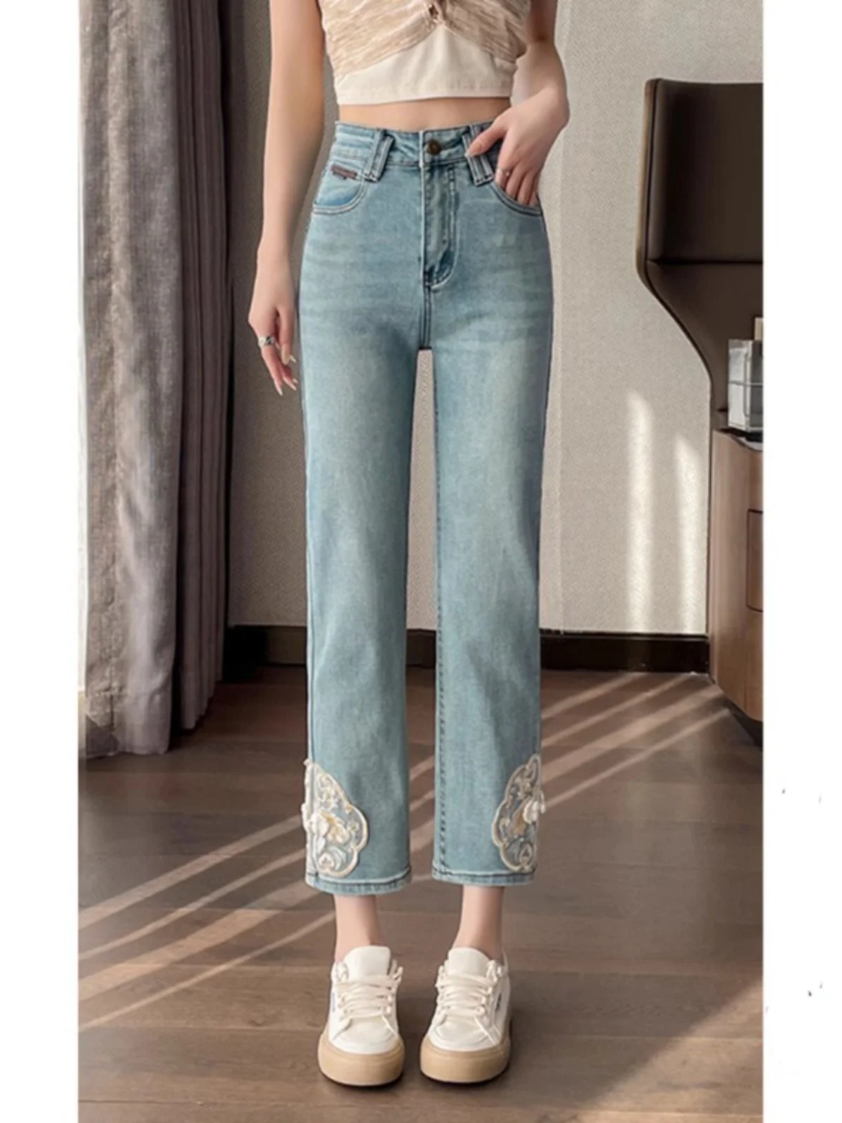 Nieuwe Chinese Sle Geborduurde Denim Jeans Dames Zomer Hoge Taille Slanke Rechte Buis Broek Negen Punt Lange Broek