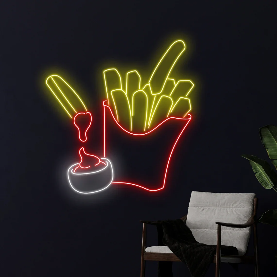 

French Fries Neon Sign Food Art Custom LED Lights Street Food Signboard Junk Fries Coffee Bar Wall Light Bar Man Cave Game Room