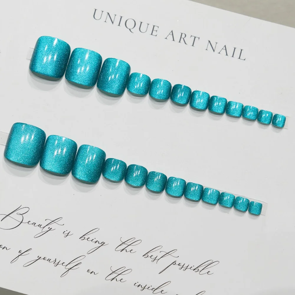 ファッションキャッツアイフェイクネイルショート丈スクエアヘッド付け爪ウェアラブルマニキュアフルカバーフットネイルチップガール