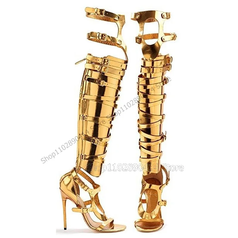 

Gold Hollow Design Buckle Decor Open Toe Boots Back Zipper Women Shoes Thin High Heels Fashion Runway 2023 Zapatos Para Mujere