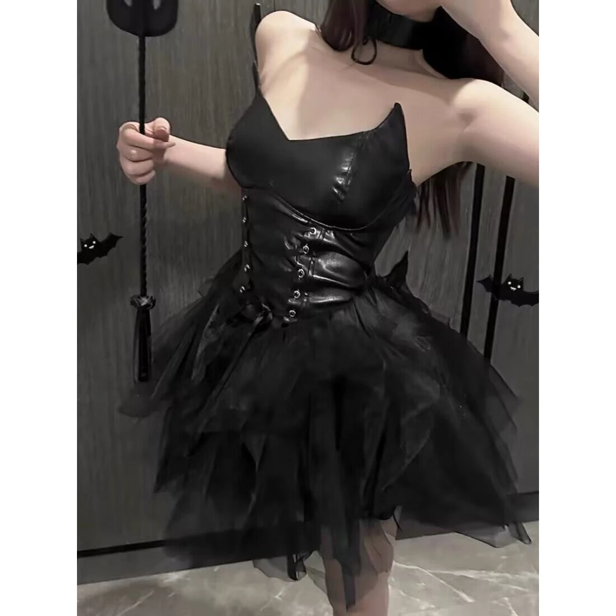 فستان قصير مثير للهالوين بتصميم شيطاني، زي جلدي نحيف للنساء، أزياء صيفية مع حزام مطاطي