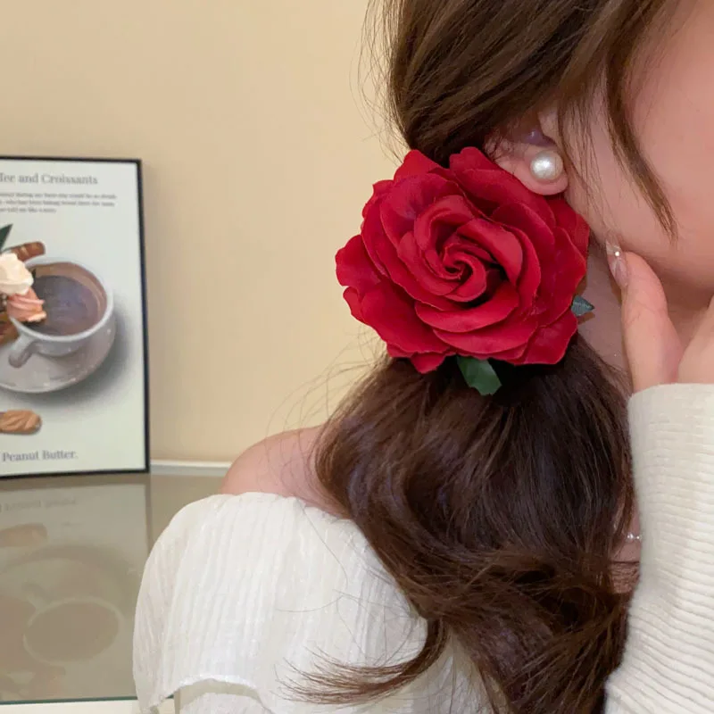 Manual Red Pink Purple Fabric Rose Duck Bill Hair Clips Brooches for Women French Romantic Fringe Side Clip New Head Accessories