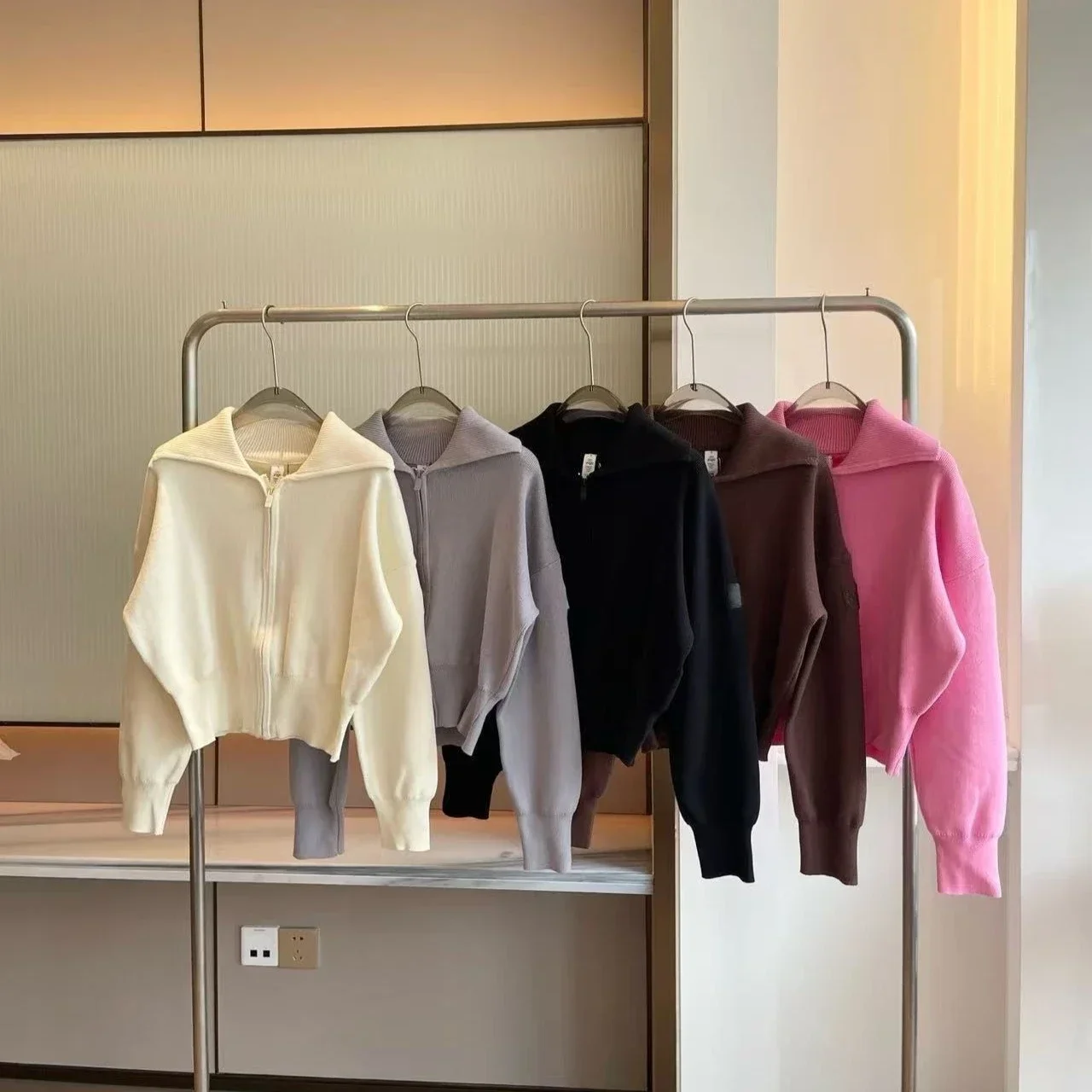 Goddess Yoga Knit Casual Zipper Lapel Jacket Open Front Cardigan Cropped Hoodie Solid Color Long Sleeve Sweater Women Coats
